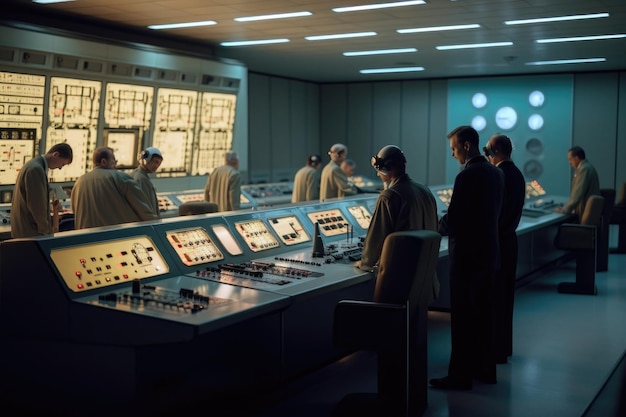 A group of people standing around a control room in