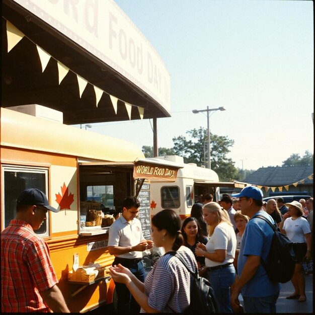 Photo a group of people standing around a food truck that says pomegranate