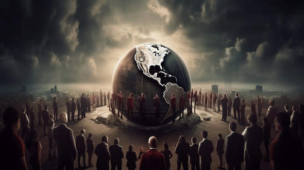 A group of people standing around a globe with the word world on it.