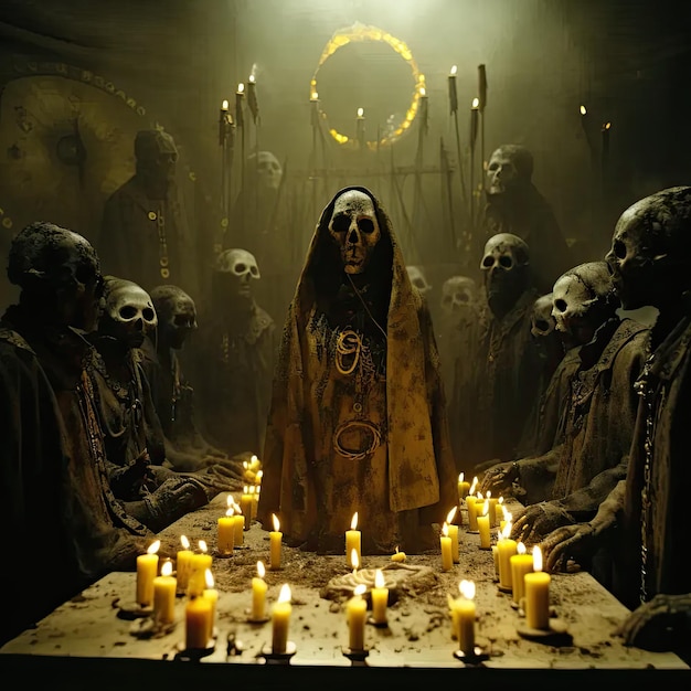 A group of people standing around a table with candles