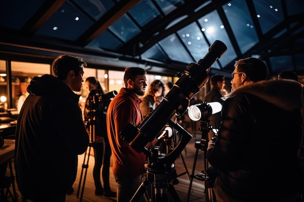 A group of people standing around a telescope