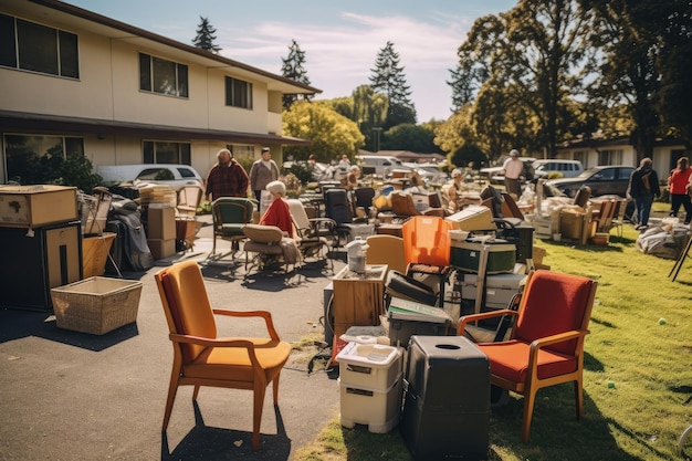 A group of people standing around a yard filled with furniture