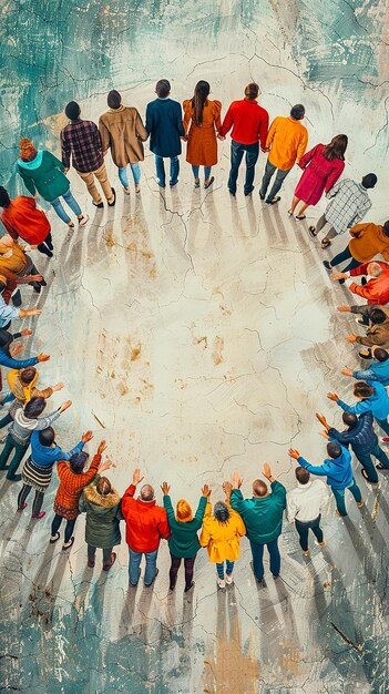 a group of people standing in a circle with one holding a circle with the word quot on it quot