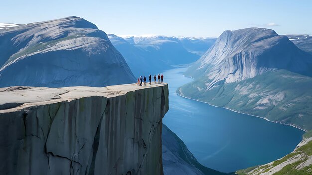 Photo a group of people standing on a cliff above a lake