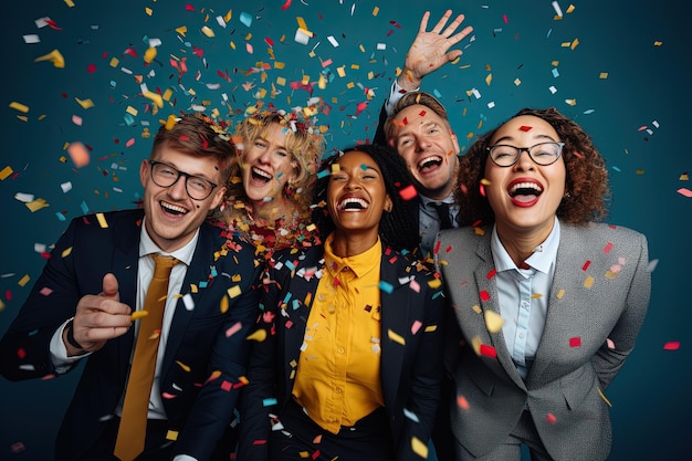 A group of people standing next to each other under confetti