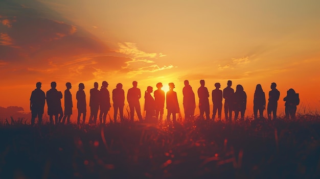 A group of people standing in a field at sunset