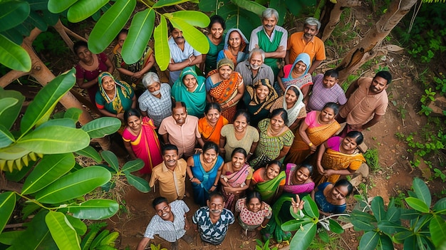 Photo a group of people standing in a forest with trees and leaves