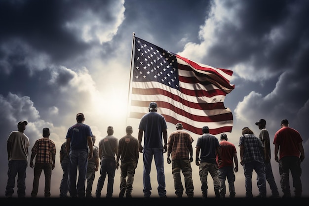 Group of people standing in front of American flag