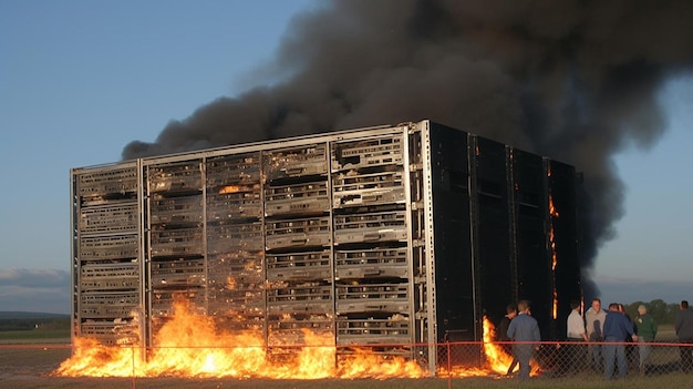 a group of people standing in front of a burning building