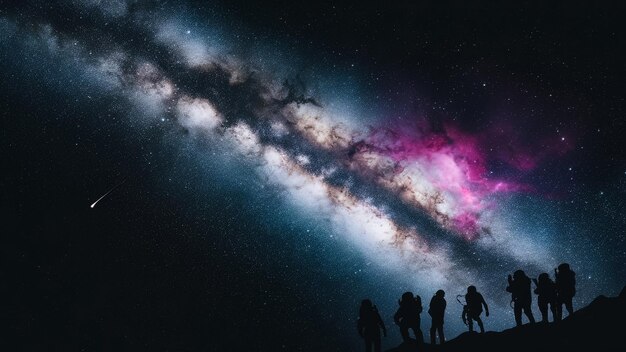 Photo a group of people standing in front of a galaxy that is black and purple