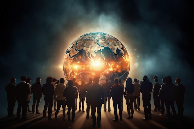 A group of people standing in front of a glowing globe