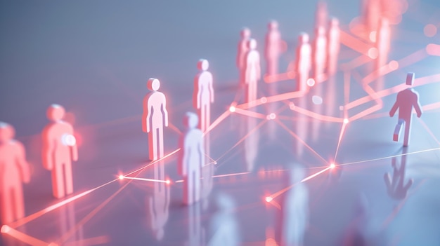 a group of people standing in front of a line of people with red lights