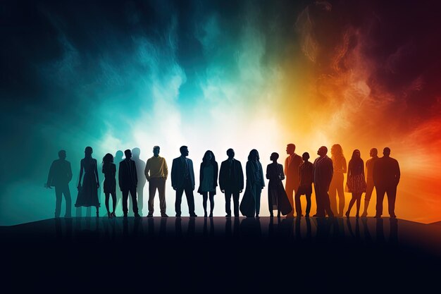 A group of people standing in front of a rainbow colored sky