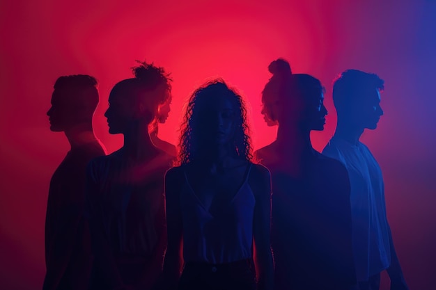 Photo group of people standing in front of red and blue background