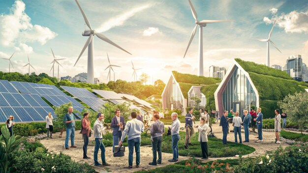 Photo a group of people standing in front of a wind farm with a building in the background