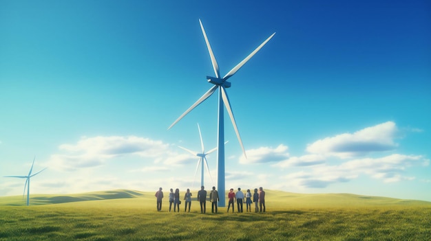 A group of people standing in front of a wind turbine