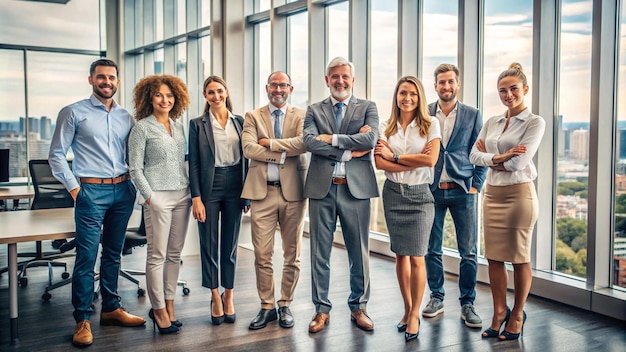 a group of people standing in front of a window with their arms crossed