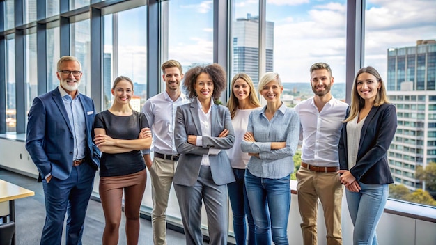 Photo a group of people standing in front of a window with the word quot on it quot