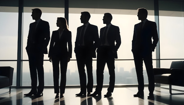 a group of people standing in front of a window