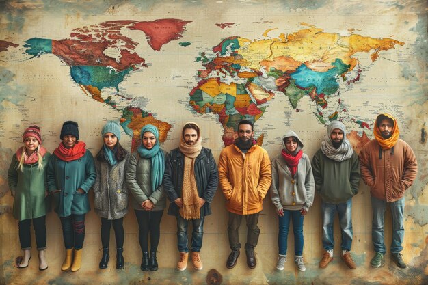 Photo a group of people standing in front of a world map