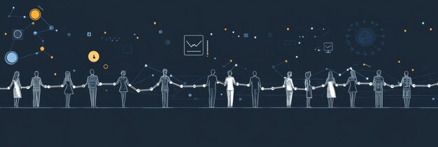 A group of people standing in a line holding hands and connected by lines symbolizing teamwork