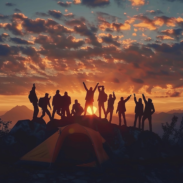 Photo a group of people standing on a mountain with the sun behind them