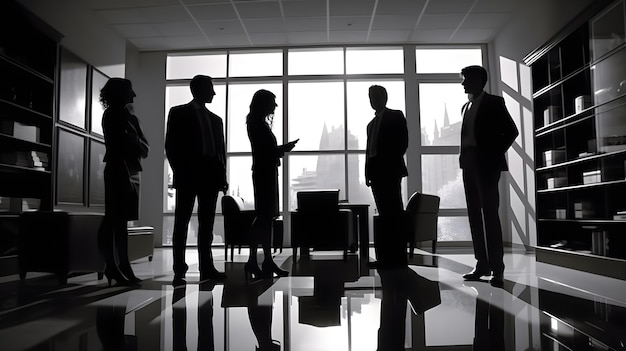 A group of people standing in an office, one of them is standing in front of a large window.