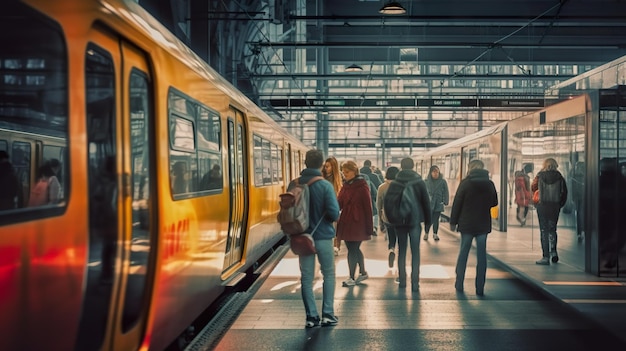 A group of people standing on a platform next to a train generative ai image