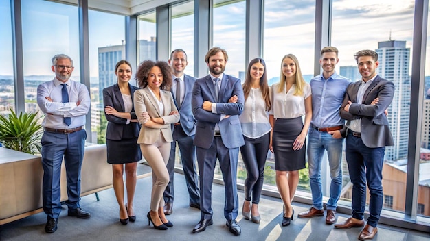 a group of people standing in a room with a window behind them