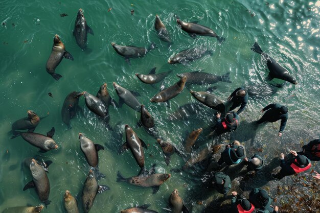 Photo group of people standing next to sea lions being released into the ocean by greenpeace activists