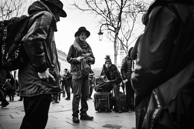 Photo a group of people standing on a sidewalk