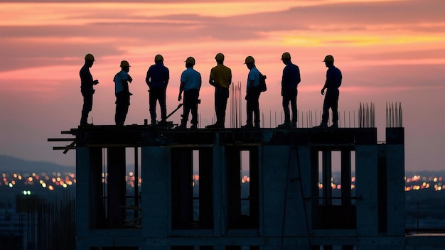 a group of people standing on top of a building with a sunset in the background