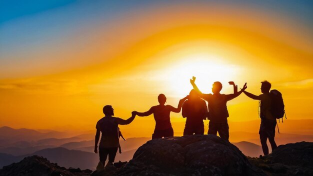 a group of people standing on top of a mountain with the sun behind them