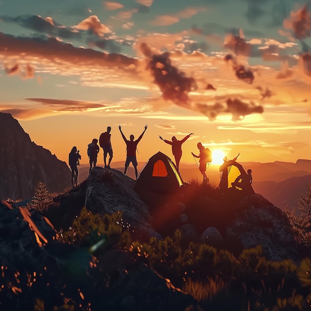 Photo a group of people standing on top of a mountain with the sun behind them