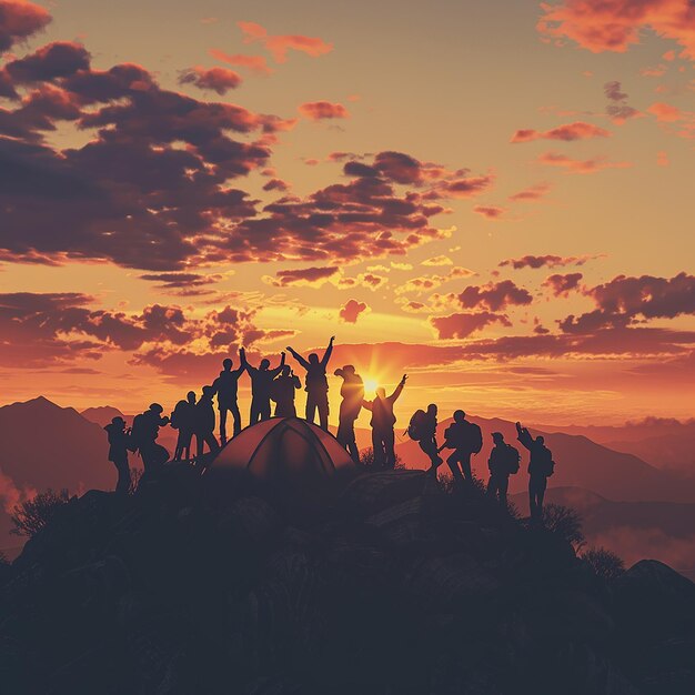 Photo a group of people standing on top of a mountain with the sun behind them