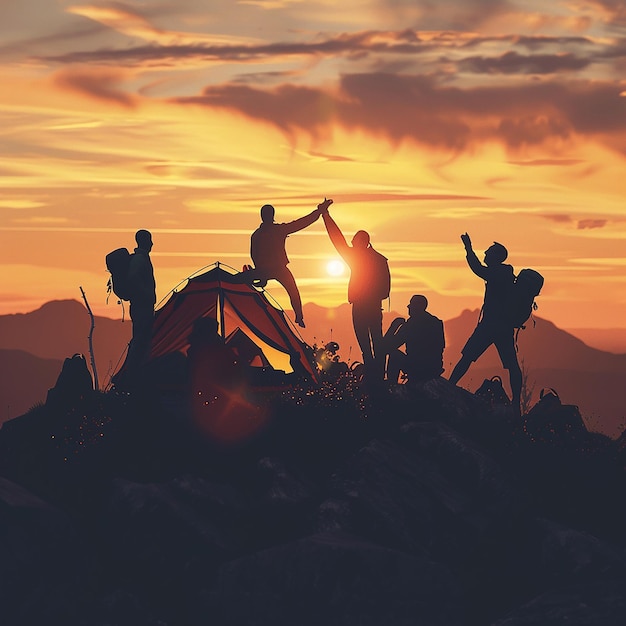 Photo a group of people standing on top of a mountain with the sun behind them