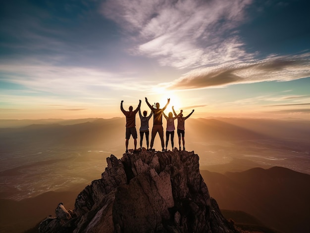 a group of people standing on top of a mountain with the sun behind them.