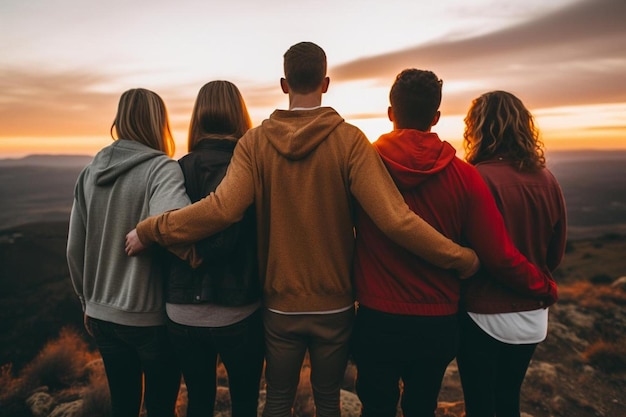 Photo a group of people standing on top of a mountain