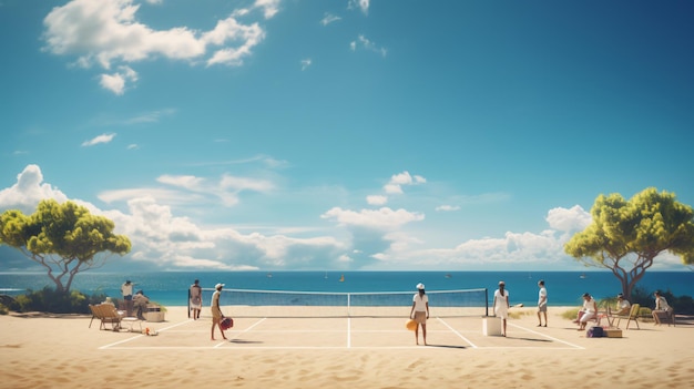 A group of people standing on top of a sandy beach