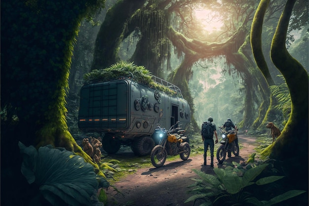 Group of people standing next to a truck in a forest generative ai