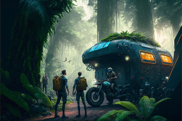 Group of people standing next to a vehicle in a forest generative ai