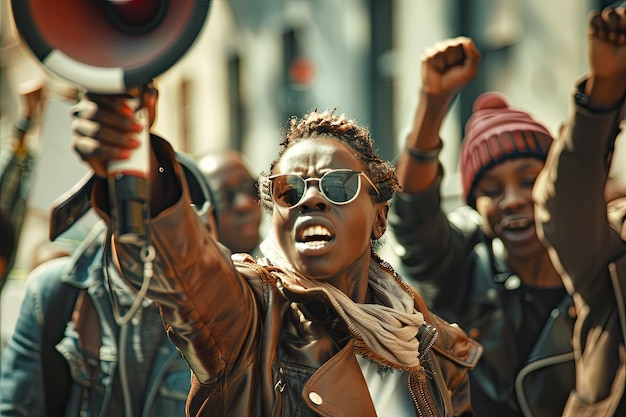 A group of people on the street with one woman holding up her fist and shouting into a megaphone