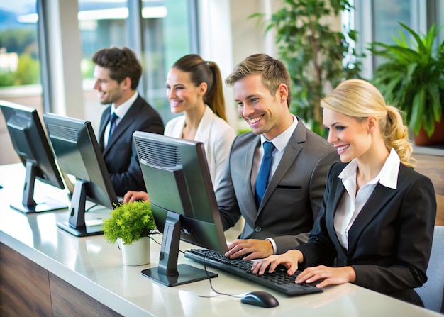 Photo a group of people in suits are sitting at a computer with the word quot on the screen quot