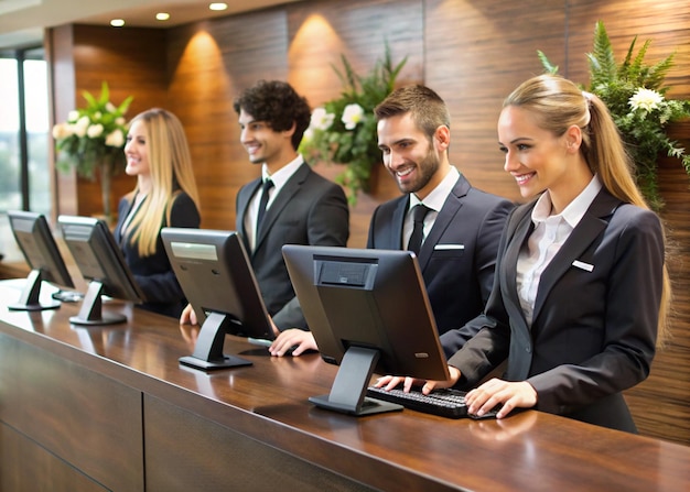 a group of people in suits are sitting at a desk with computers