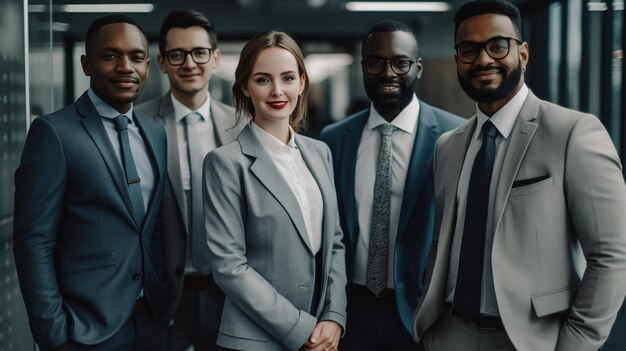 A group of people in suits stand in a dark room.