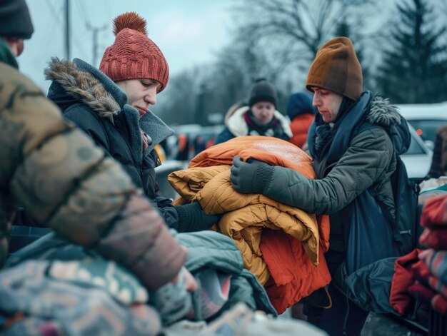 Photo group of people surrounding a pile of blankets possibly in a crisis or emergency situation