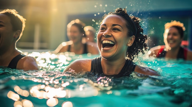 Group of people swimming laps in a pool during exercise routine Exercising senior people