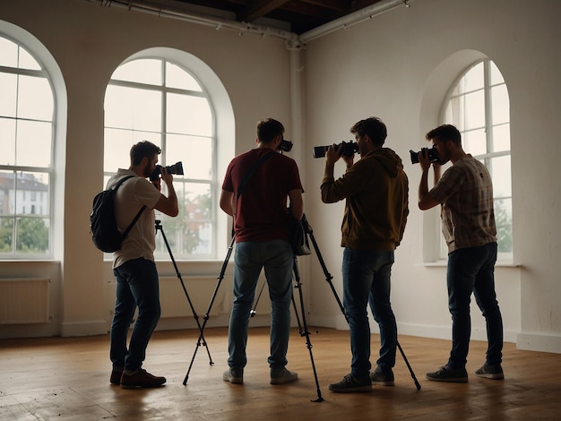 Photo a group of people take pictures with cameras on a tripod