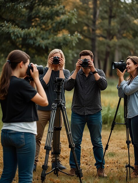 Photo a group of people take pictures with cameras on a tripod