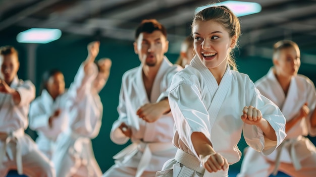 A group of people taking a martial arts class practicing kicks and punches with a sensei